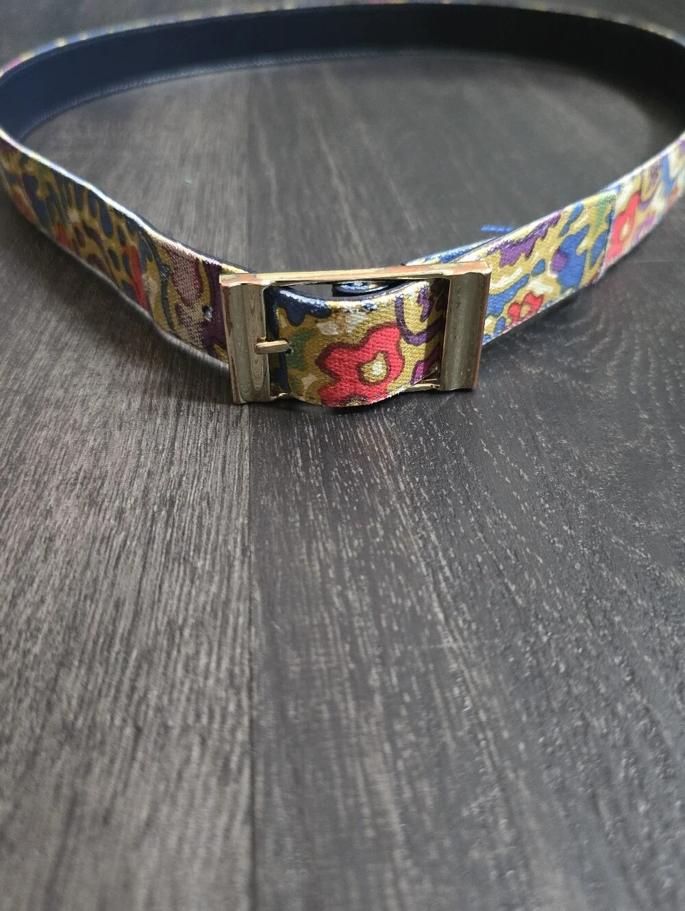 Reversible Belt Navy Leather Abstract Floral Print Gold Buckle Vintage 1